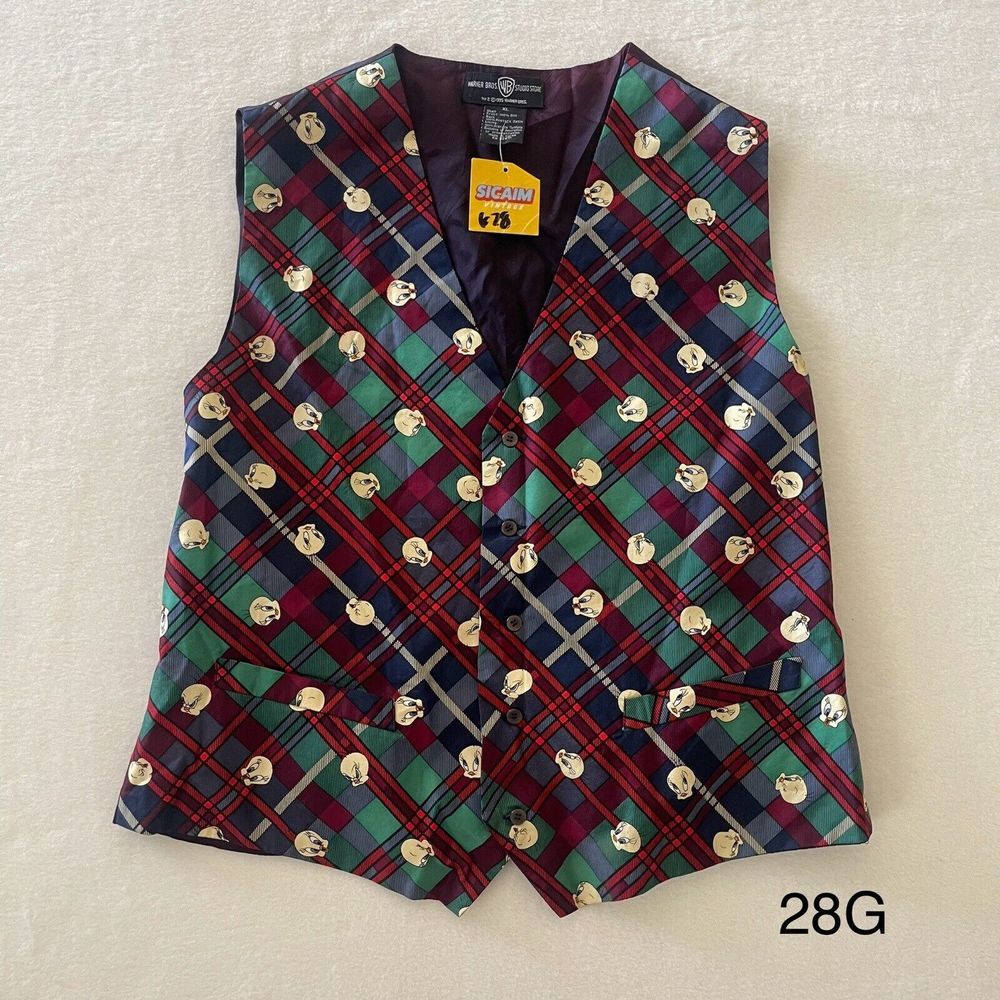 Vintage Warner Bros.‎ Looney Tunes Tweety Bird 100% Silk Plaid Vest Size XL